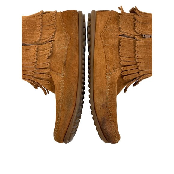 Minnetonka Sz 8 Womens Suede Fringe Moccasin Boots Tan Stud Zip Used - Picture 12 of 15